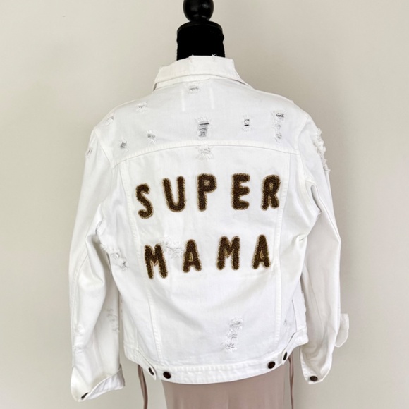SUPER MAMA Denim Jacket – White Distressed Style – Mother’s Day Gift Idea - Picture 2 of 8